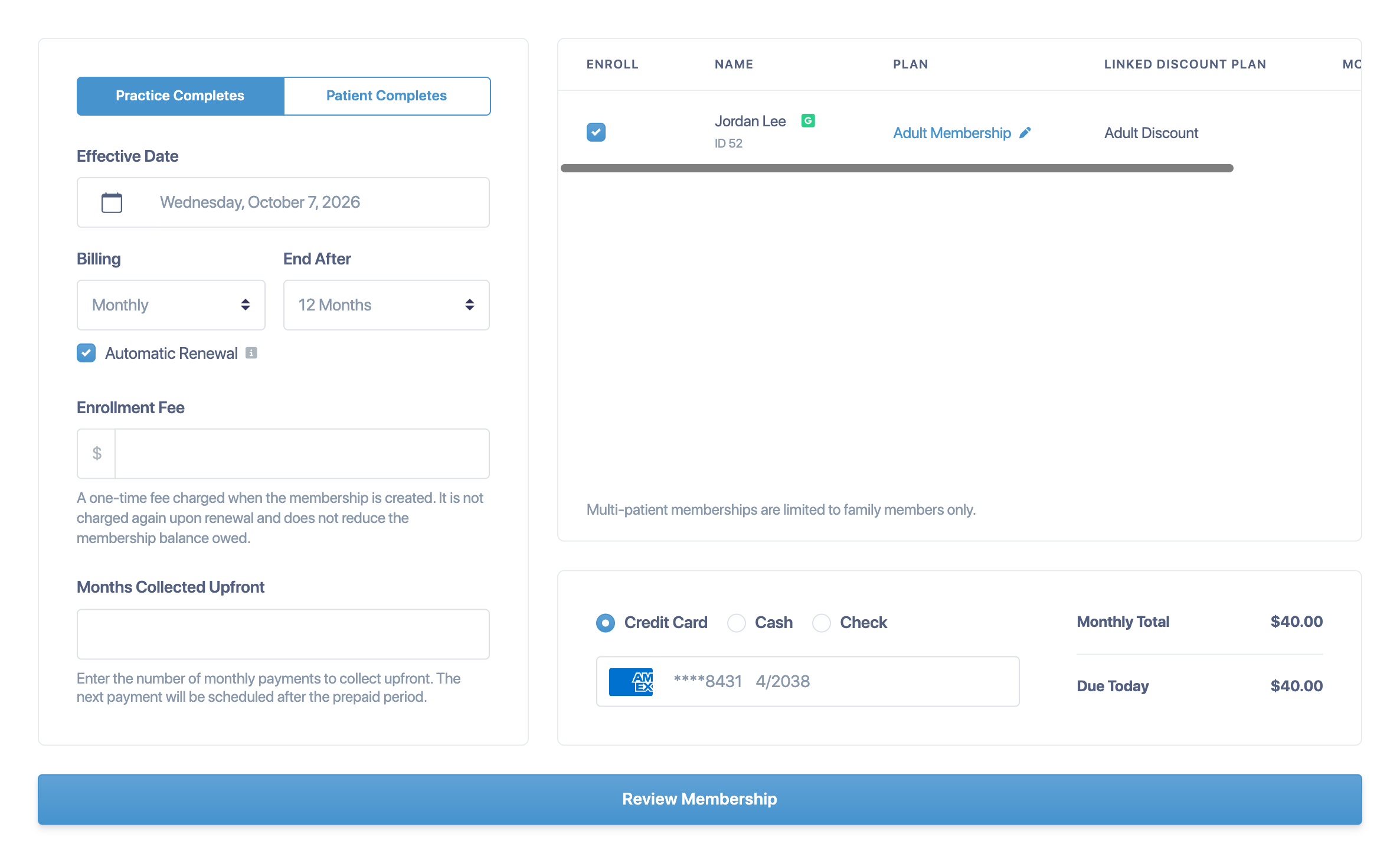 The new enrollment form with Billing, End After, Enrollment Fee, Months Collected Upfront and payment options