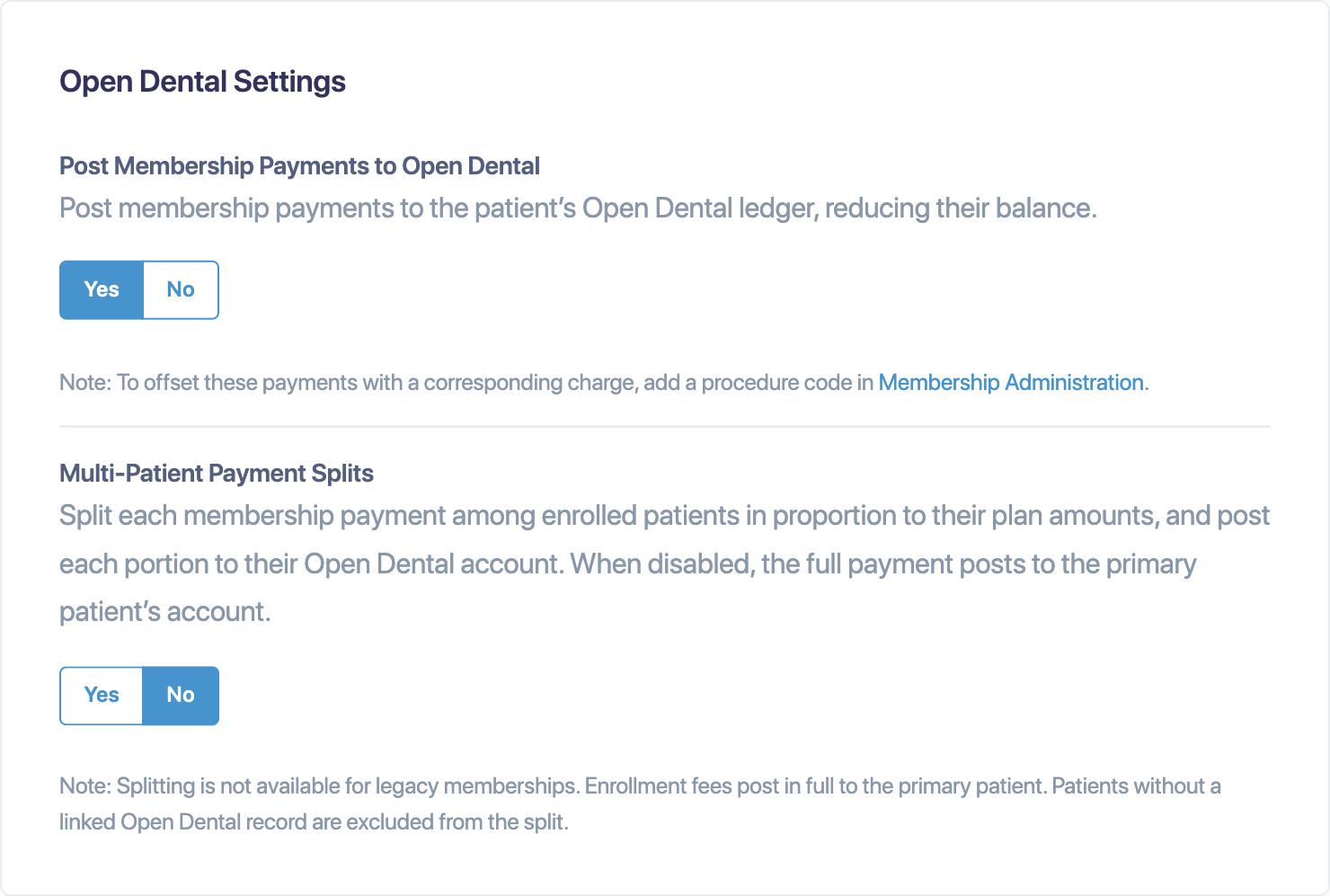 Open Dental settings in Membership Settings, showing Post Membership Payments and Multi-Patient Payment Splits