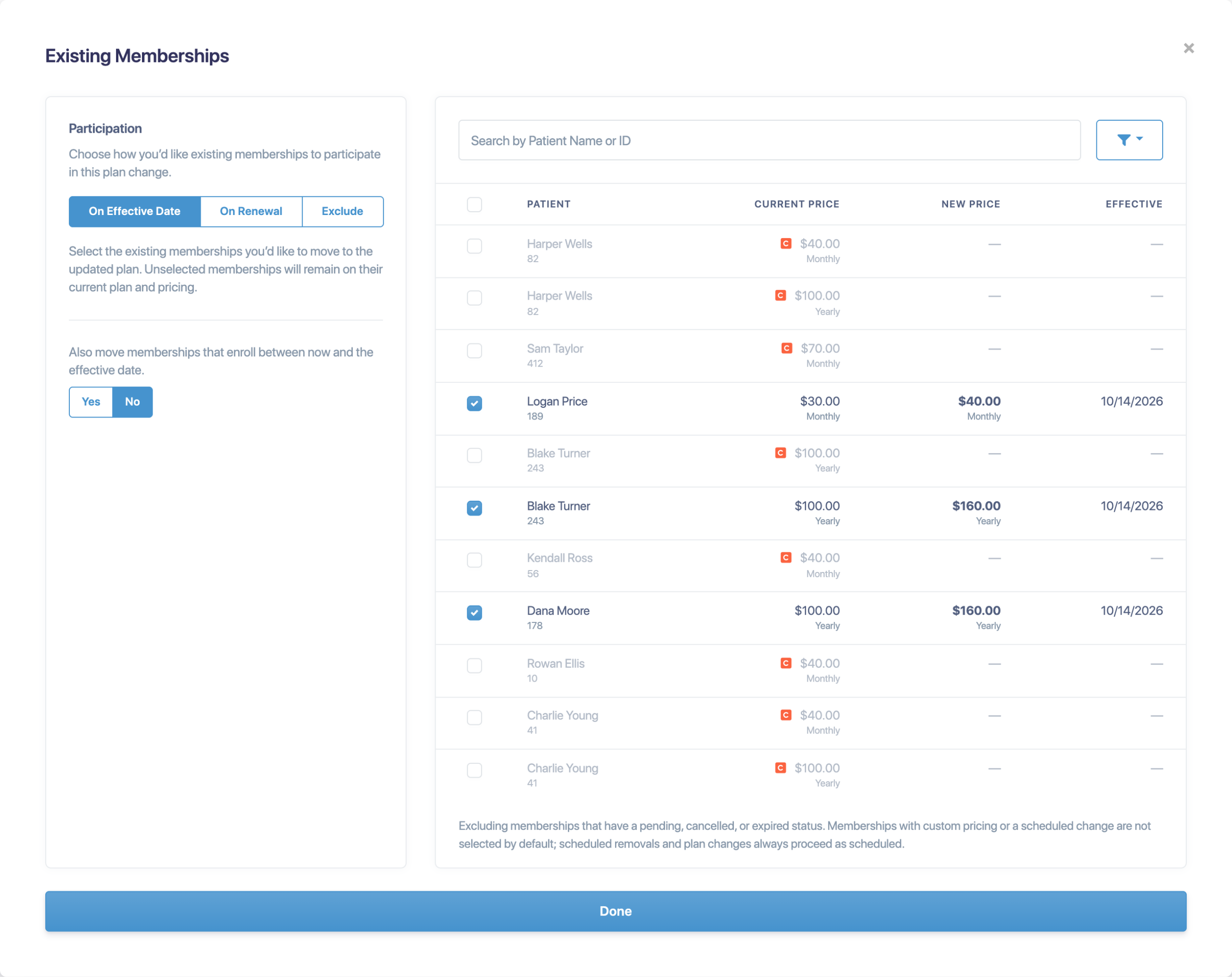 Choosing how existing members take part in a plan change, with current and new prices for each member
